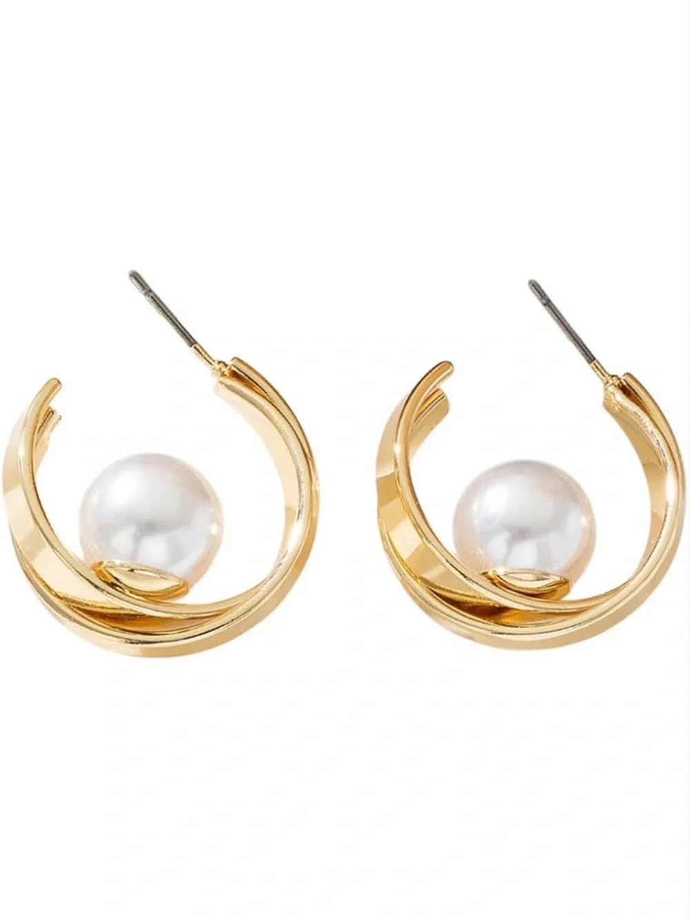 Anthropologie Gold Tone Hoop Earrings with White Pearl Accent
